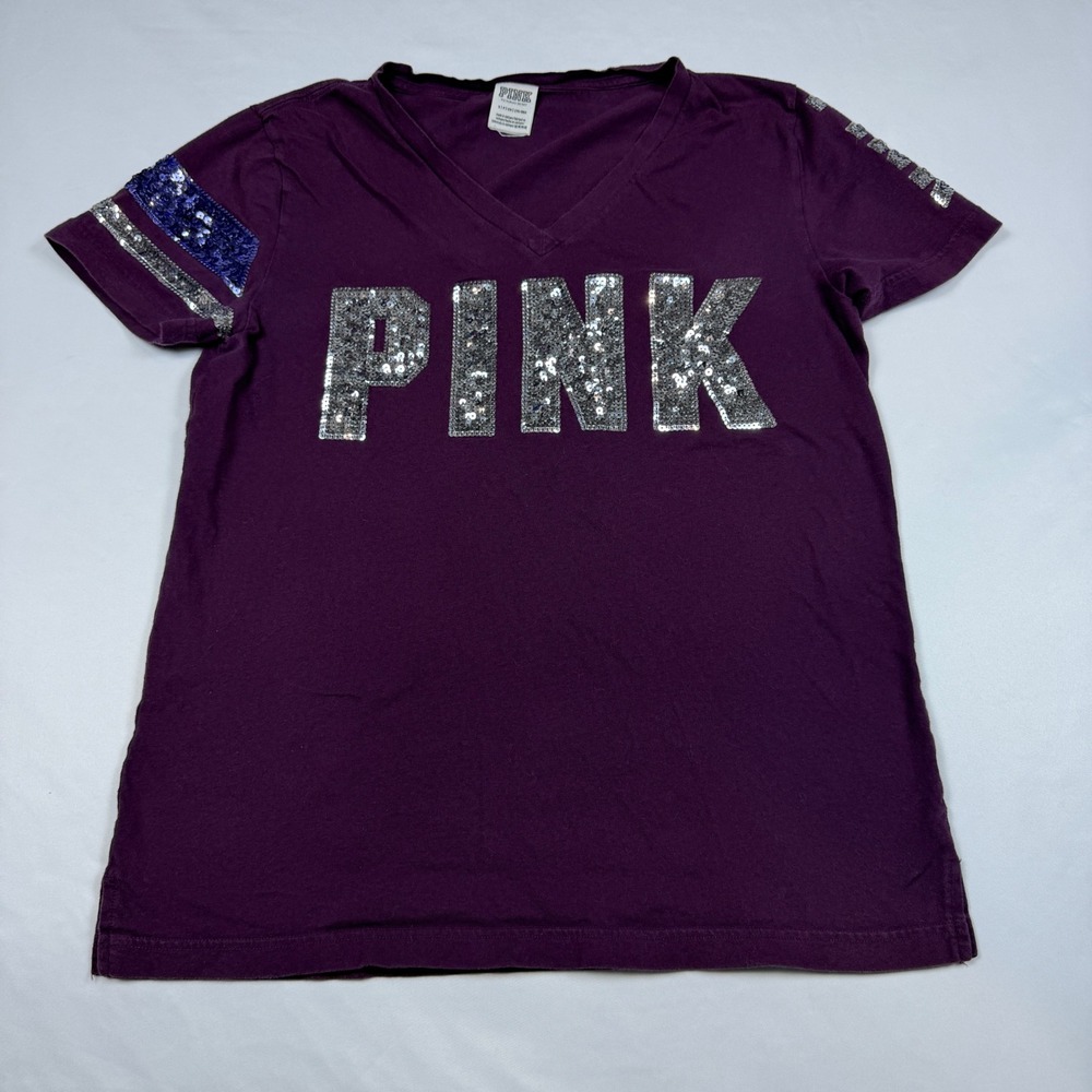 PINK Victorias Secret T Shirt Womens S Purple Sequin Logo V Neck Y2K